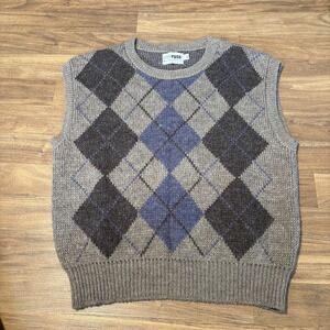 rrrrruss Vintage Argyle Sweater Vest Medium Grey Blue Wool Blend Knit